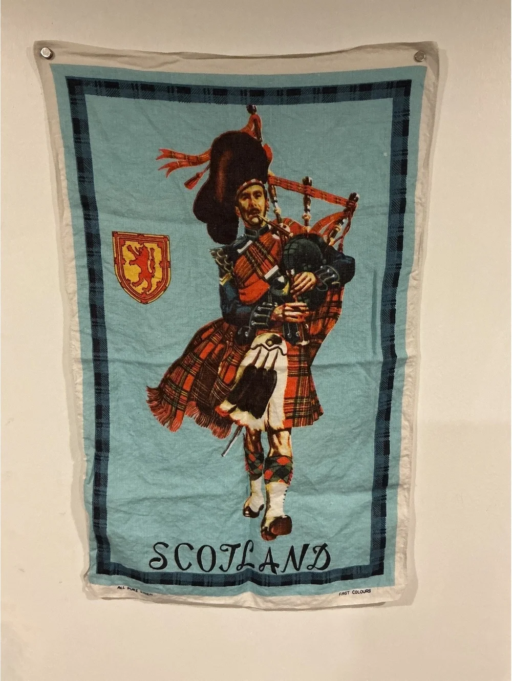 Vintage Scotland Linen Tea Towel Highland Bagpiper Tartan